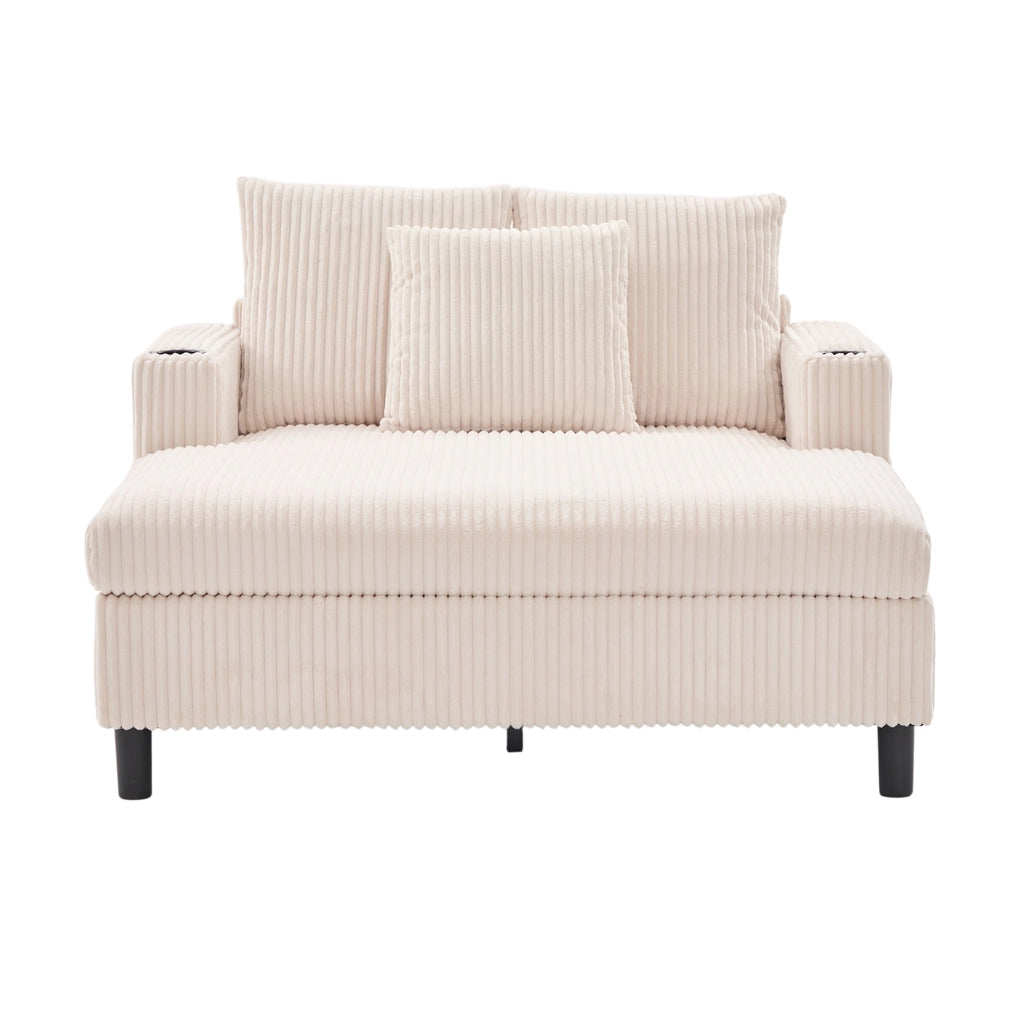 Poltrona relax 142x128x85 cm con LED; USB e portabicchiere in velluto a coste beige