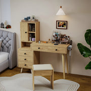 Toeletta con sgabello, completa di specchio, 5 cassetti, spazio portaoggetti, finitura effetto legno, colore legno naturale