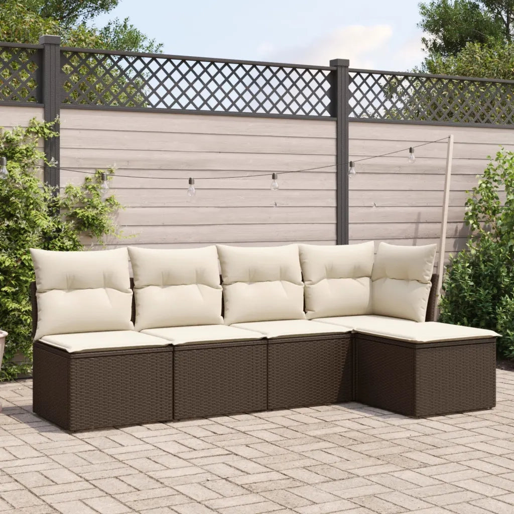 Set Divano da Giardino 5 pz | Set Salotto da Giardino con Cuscini Marrone in Polyrattan