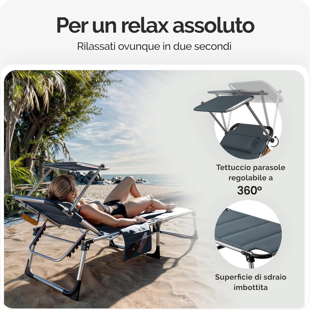® Lettino Prendisole con Tettuccio 210x60 Carico Max 150 kg con Cuscino Comfort Sdraio Spiaggia Giardino Sedia da Mare Lago