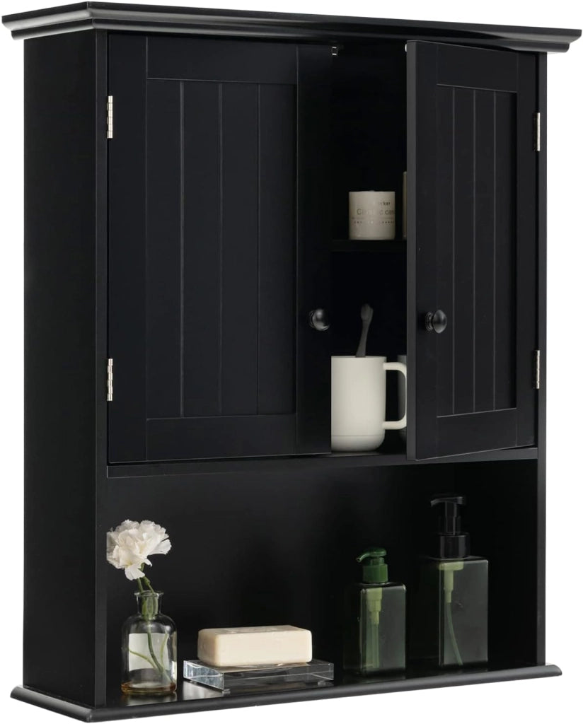 Armadio da Bagno Sospeso, con Ripiano Aperto, Armadio da Bagno con Ante e Mensola Regolabile, Pensile per Camera, Cucina, 60 x 19 x 71 cm