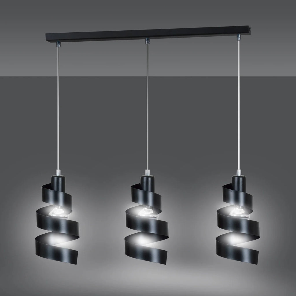 Lampadario Moderno 3 Luci Tristano In Acciaio Nero Con Fasce A Spirale