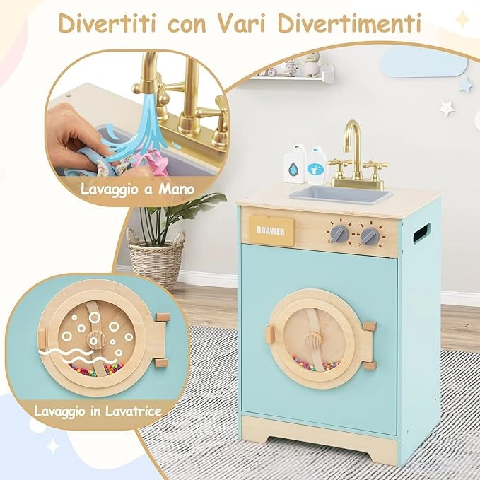 Set di Gioco Lavatrice per Bambini, Giocattolo Lavatrice con Detersivo e Igienizzante per le Mani, Set in Legno con Lavabo, Cassetto e Ruota Rotante, Regalo per Bambini dai 3+ Anni