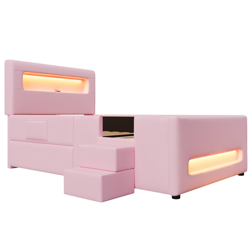 Letto piattaforma imbottito 90x200 cm rosa con cassetti, scala, luci LED e porte USB