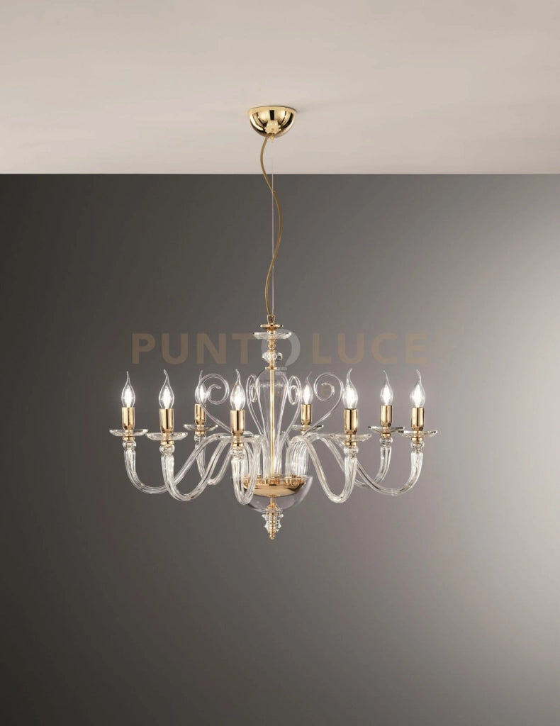 LAMPADARIO DEBUSSY 8 LUCI TRASPARENTE E ORO ATTACCO E14 D.84CM