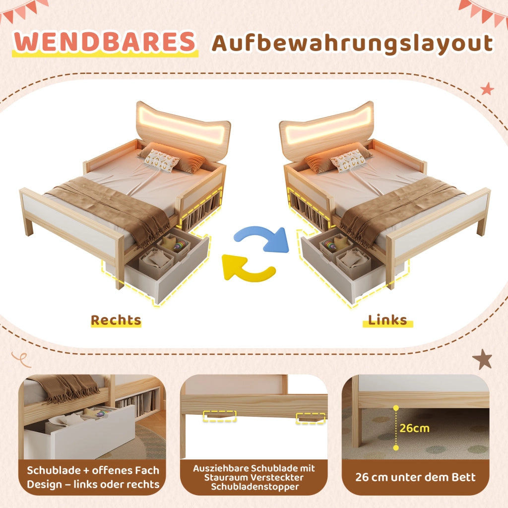 Lettino per bambini con orecchie da gatto e luci LED 90x190 cm in legno di rovere e bianco