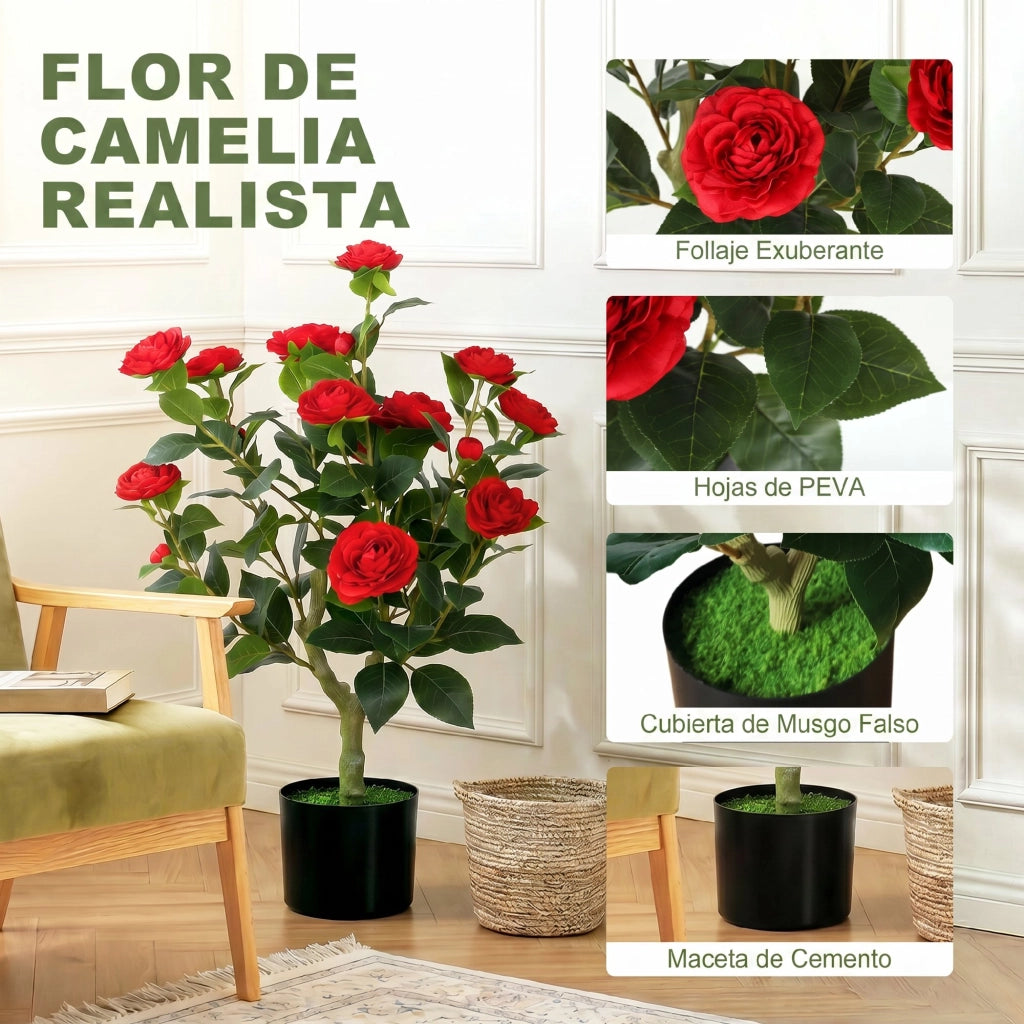 Pianta Artificiale Camelia ¨C Zephmum ¨C 65 cm Rosso con Fiori di Seta