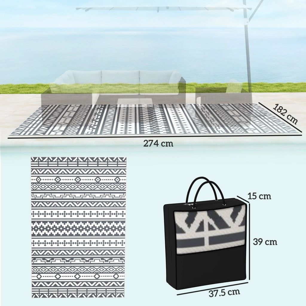 Tappeto da Esterno Reversibile 182x274 cm con Motivo Geometrico e Borsa Inclusa Grigio e Bianco