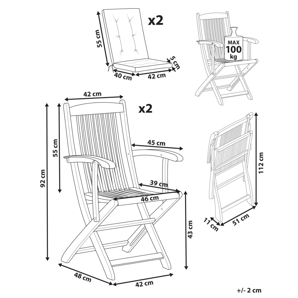 Set di 2 sedie da pranzo da giardino in legno con cuscini telaio in legno di acacia pieghevole design rustico beige chiaro