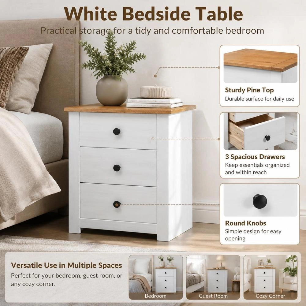 White Bedside Table, 46 X 40 X 57 Cm, Panama Pine