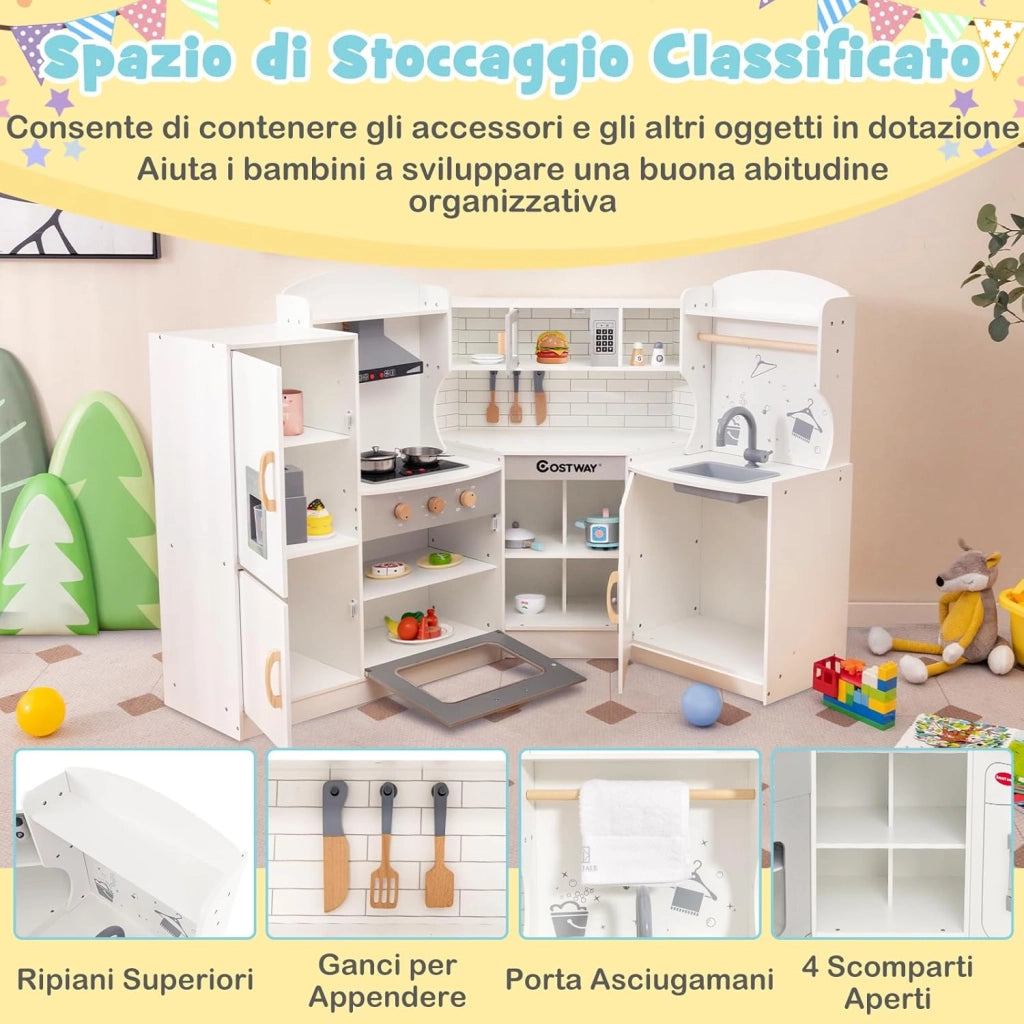 Set Gioco da Cucina per Bambini d'Angolo, Cucina Giocattolo in Legno con Macchina di Ghiaccio, Microonde, Lavatrice e Accessori, con Suoni e Luci, per Bambini 3-10 Anni (Bianco)