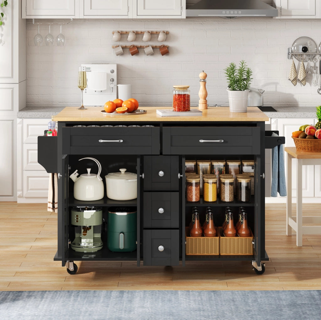 Carrello da cucina estensibile con piano ribaltabile; cassetti e ruote; MDF nero naturale