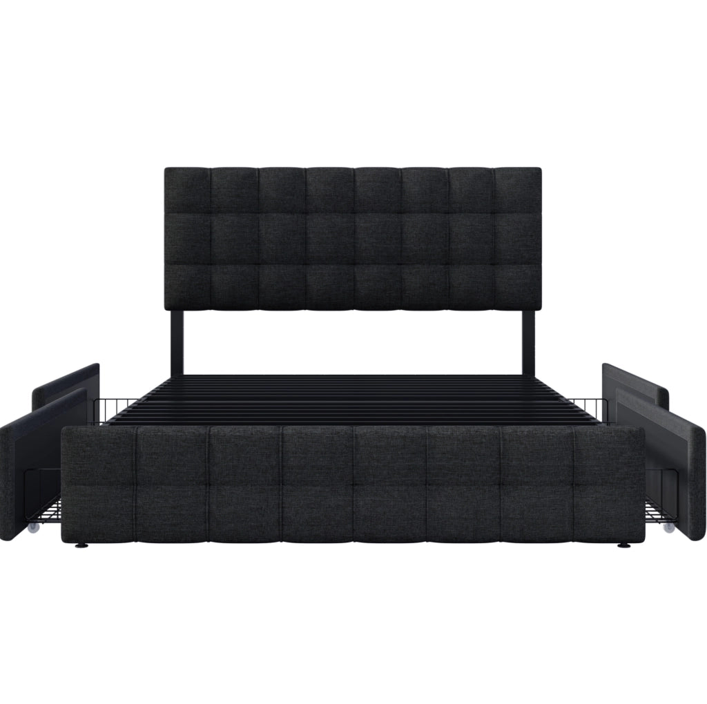 Letto imbottito matrimoniale 140x200 cm con 4 cassetti; testiera regolabile; nero