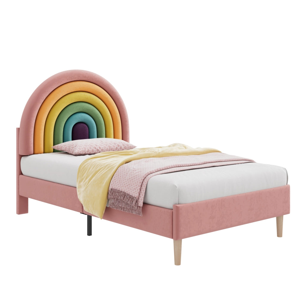 OKWISH Letto Singolo 90×200 cm, Letto per Ragazzi con Testiera Regolabile, Doghe in Legno e Testiera, senza Materasso, Velluto Rosa