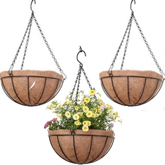 Hanger per piante in metallo con apertura a tenone, contenitore in fibra di cocco, reggisella in acciaio con catena - decorazione per veranda, vasi per piante, hanger per interni ed esterni, set da 3 pezzi (10 POLLICI)