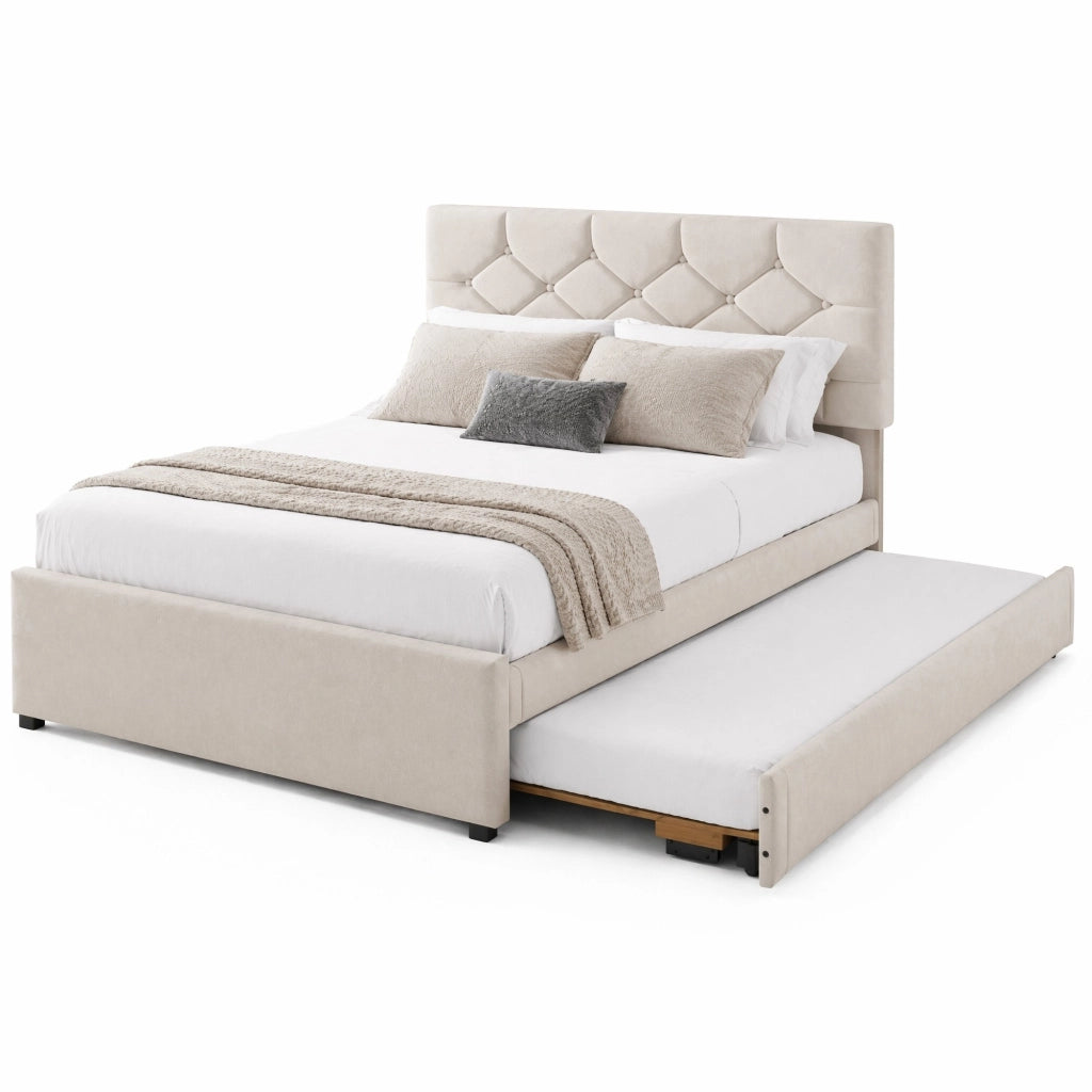 Letto imbottito 140x200 cm con rete a doghe, letto estraibile, velluto, beige