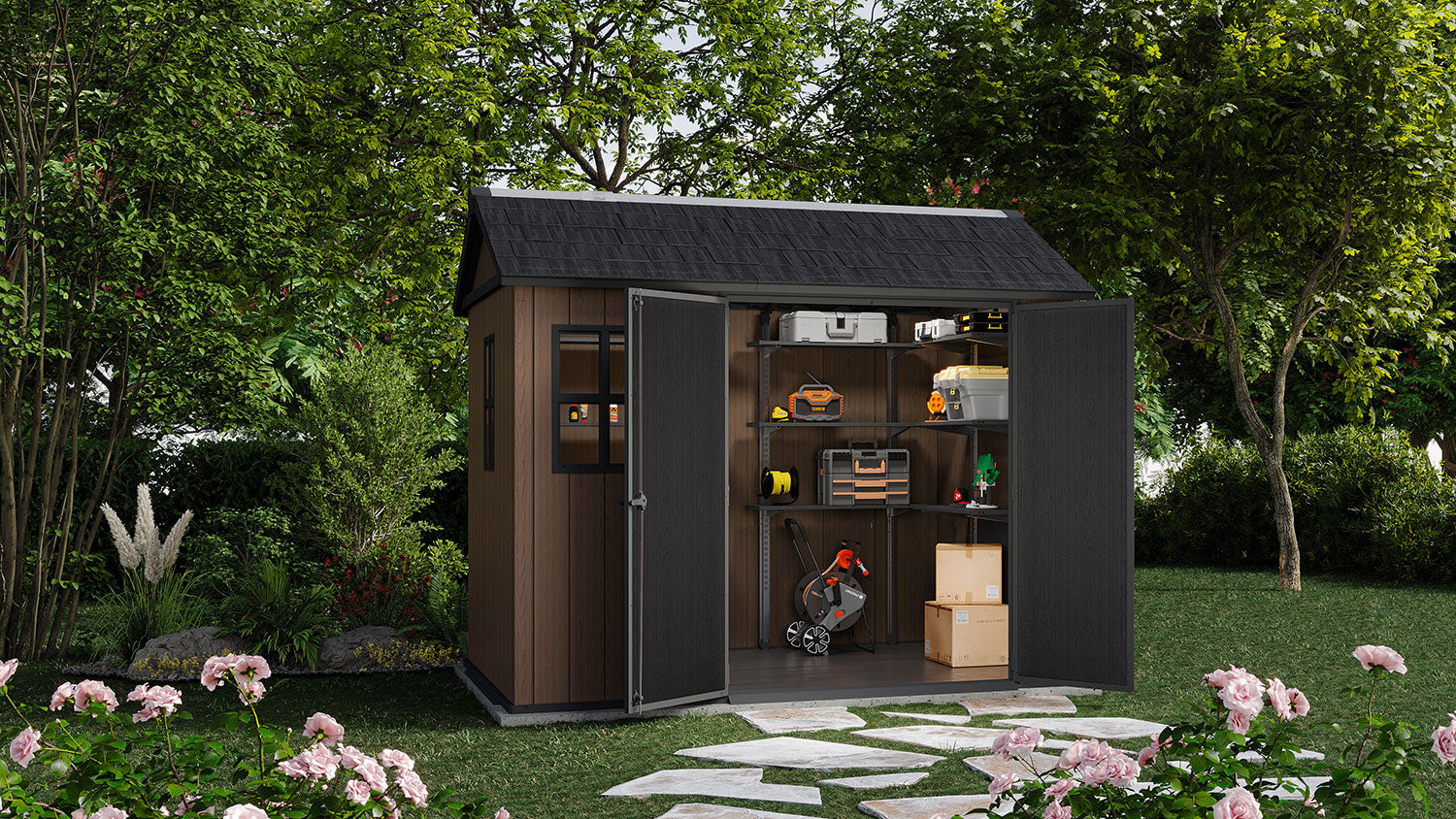 Casetta Box da Giardino 230x287x246 cm Newton Plus 759/975 Doppia Opzione Montaggio in Resina Evotech+ Nero