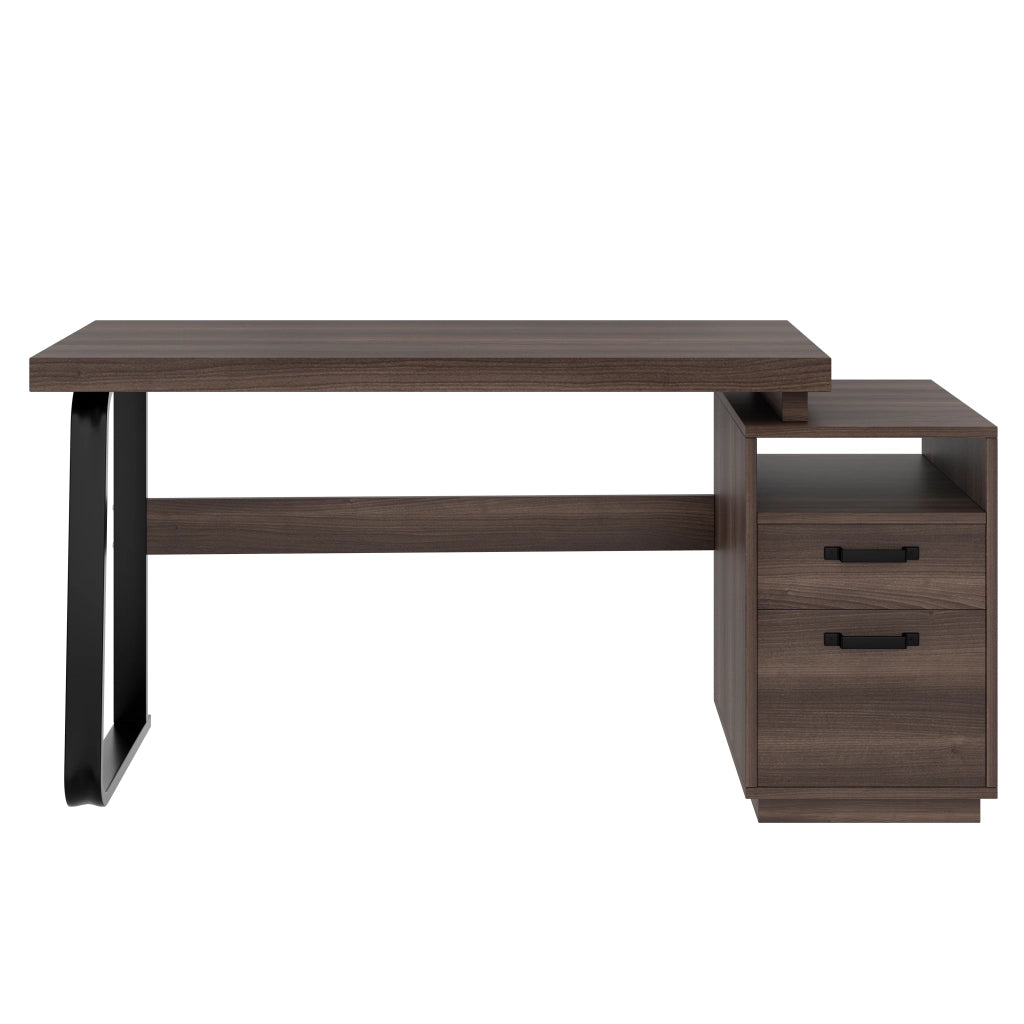 Scrivania moderna 135 x 54 cm con piano in MDF e struttura in metallo, finitura marrone, con vano aperto e cassetto silenzioso