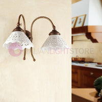 VOLTERRA Applique Doppia Luce Ottone e Ceramica Stile Rustico