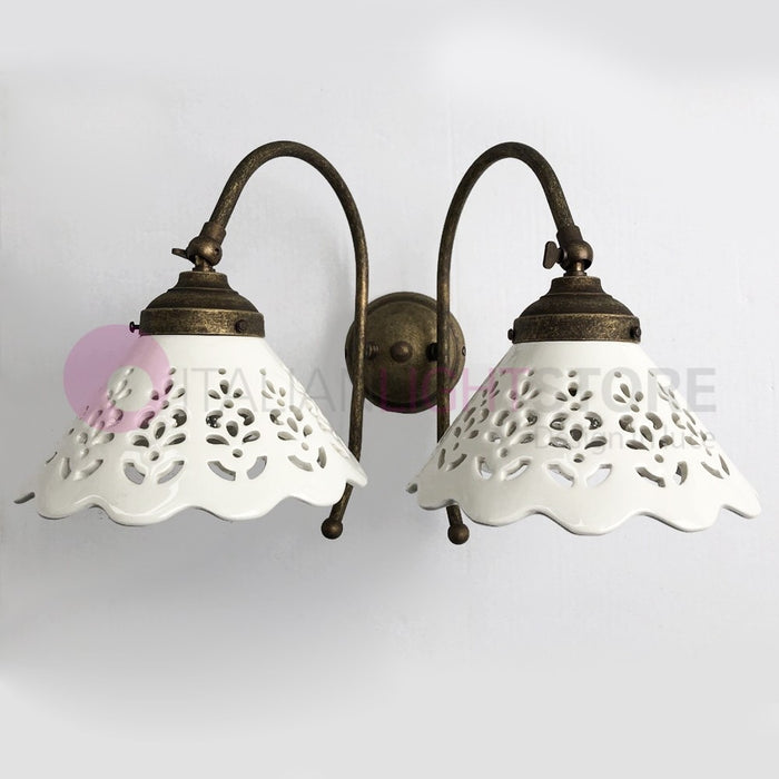 VOLTERRA Applique Doppia Luce Ottone e Ceramica Stile Rustico