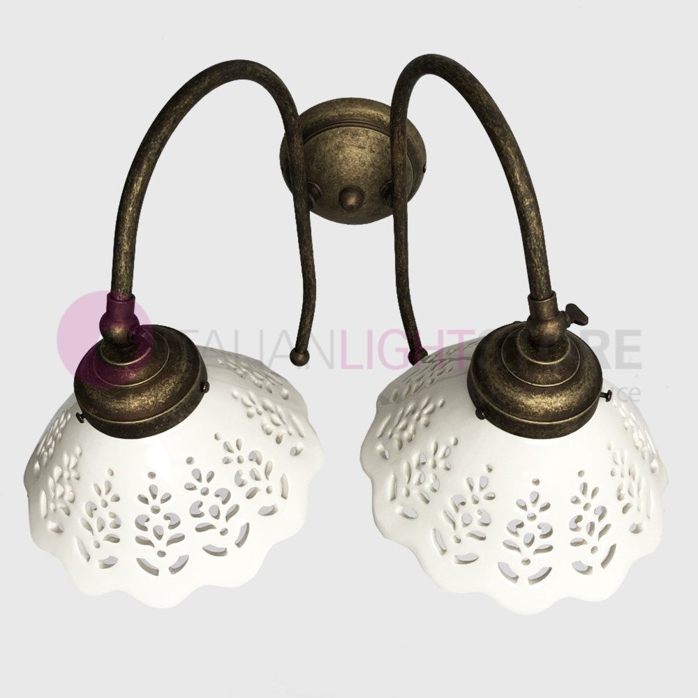 VOLTERRA Applique Doppia Luce Ottone e Ceramica Stile Rustico