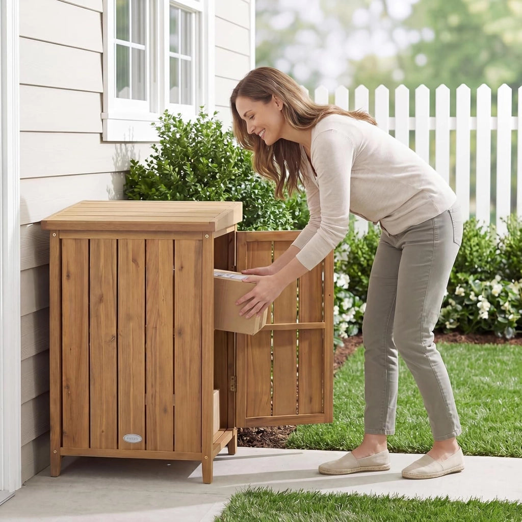 Armadio da Esterno in Legno Massello con Ripiano Rimovibile, Casetta Porta Attrezzi con Porta e Coperchio Apribile, Contenitore per Bidoni Spazzatura per Giardino, Cortile e Patio