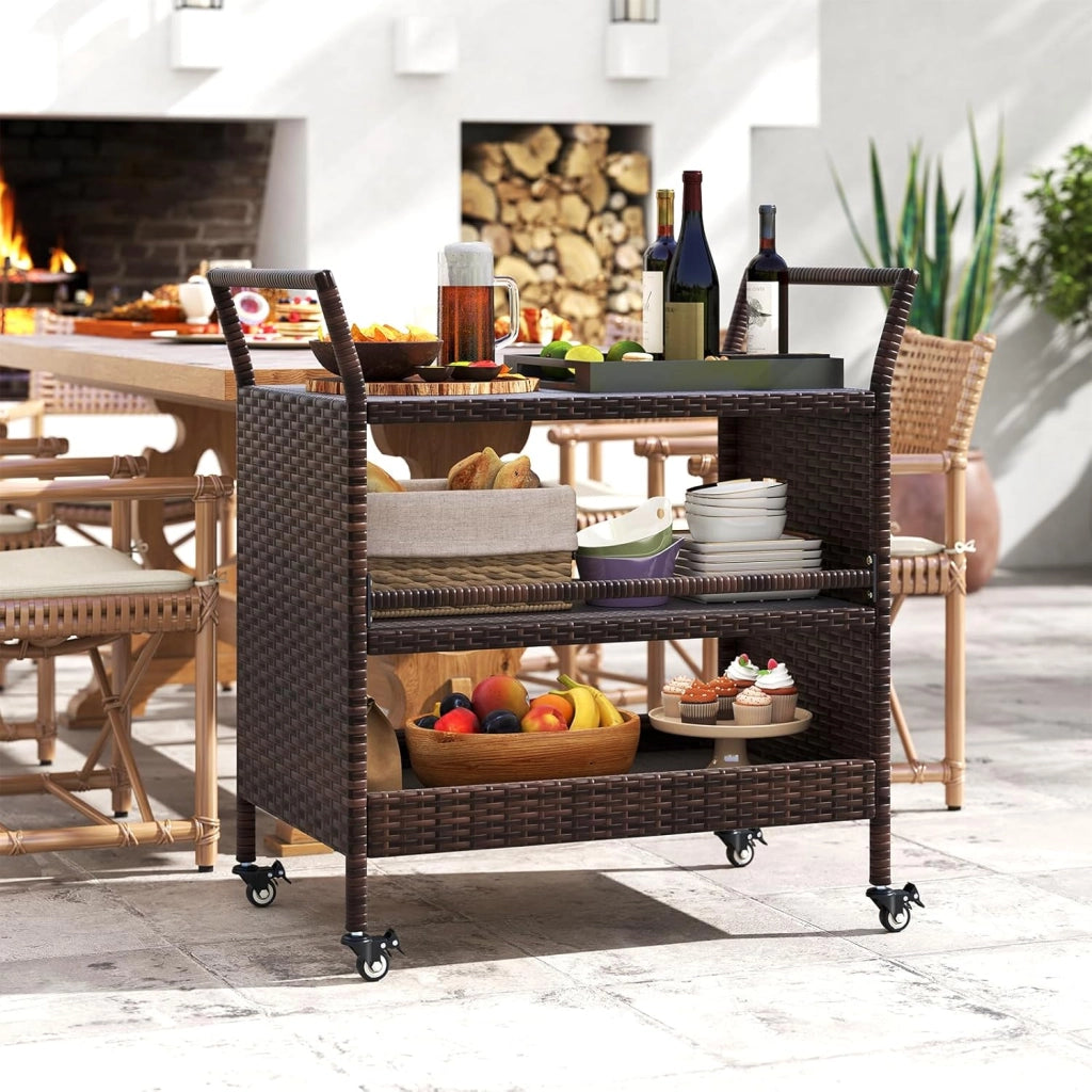 Carrello da Bar da Esterno, Mensola di Stoccaggio in Vimini con 3 Livelli Ruote e Maniglie Laterali, Tavolino da Servizio per Giardino Bordo Piscina Veranda, 86 x 50 x 89 cm
