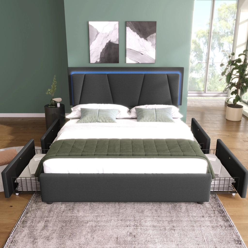 Letto 160x200 cm con testiera regolabile; LED e 4 cassetti in legno grigio