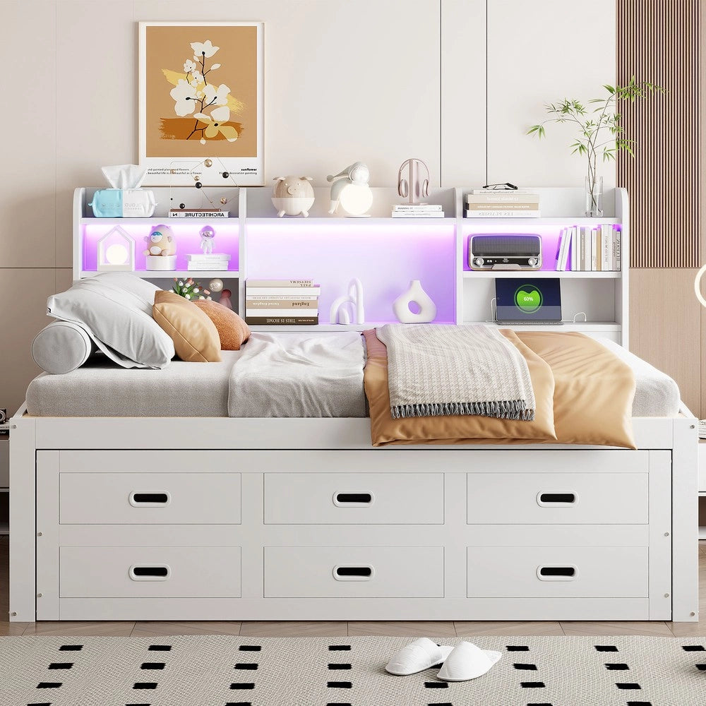 Letto Contenitore Estraibile con LED e Cassetti ¨C MINIMAL ¨C Bianco 140x200
