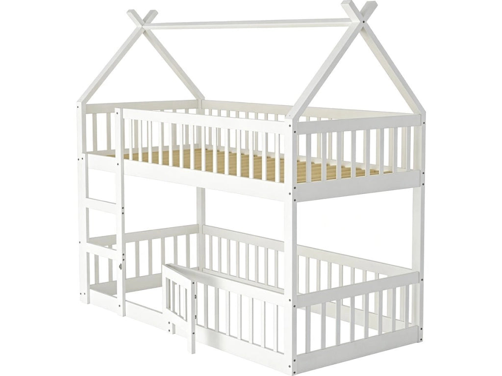 Letto a castello a forma di casetta in legno con scaletta "Laith" - 90 x 190 cm - Bianco