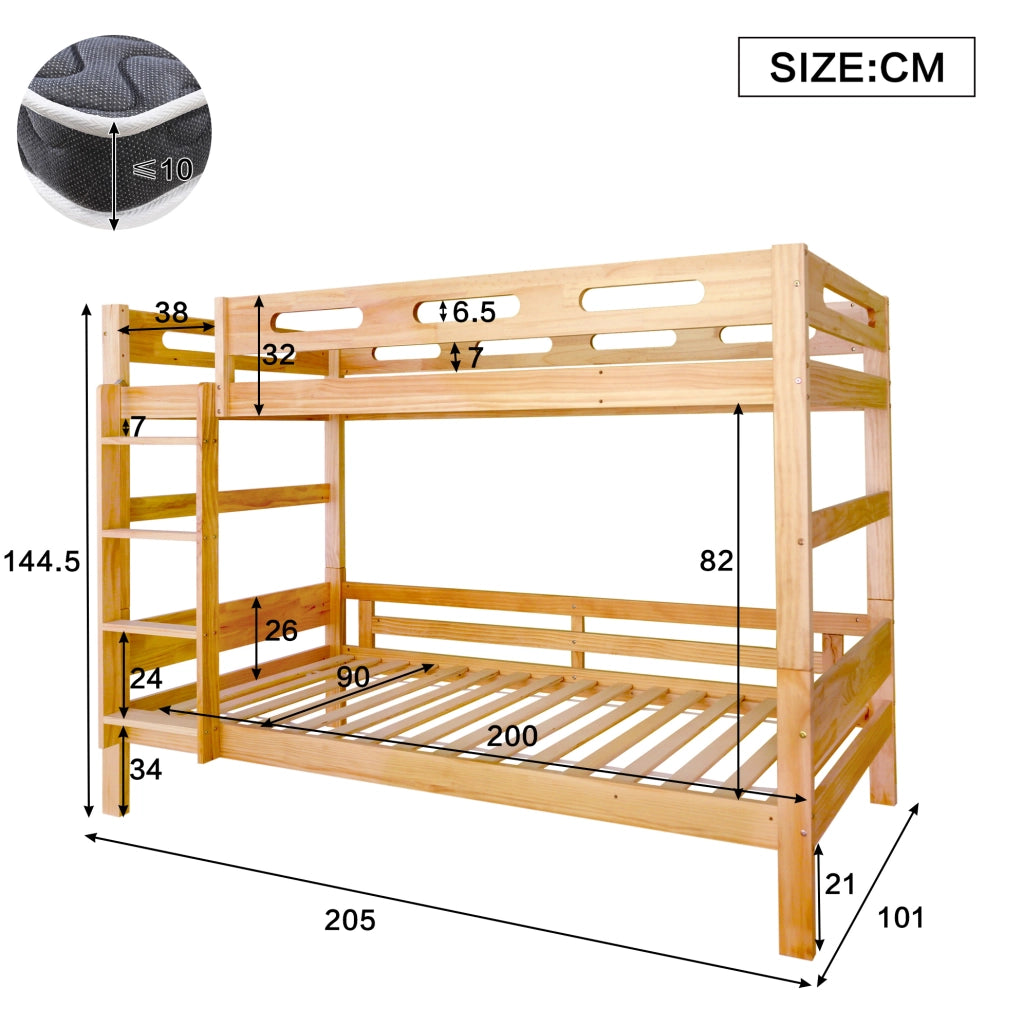 Letto a castello per bambini e ragazzi trasformabile in 2 letti singoli 90x200 cm; naturale