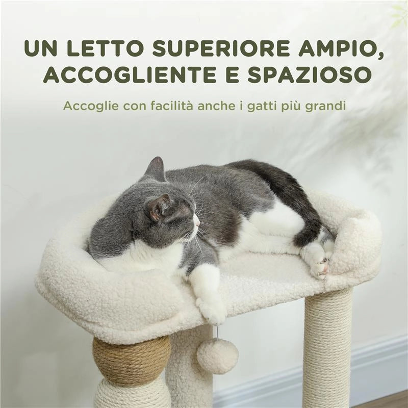 TORRE PER GATTI CON LETTINO PIATTAFORMA E PALLINA GIOCATTOLO IN LEGNO PELUCHE E IUTA 48.5X40X76 CM BEIGE