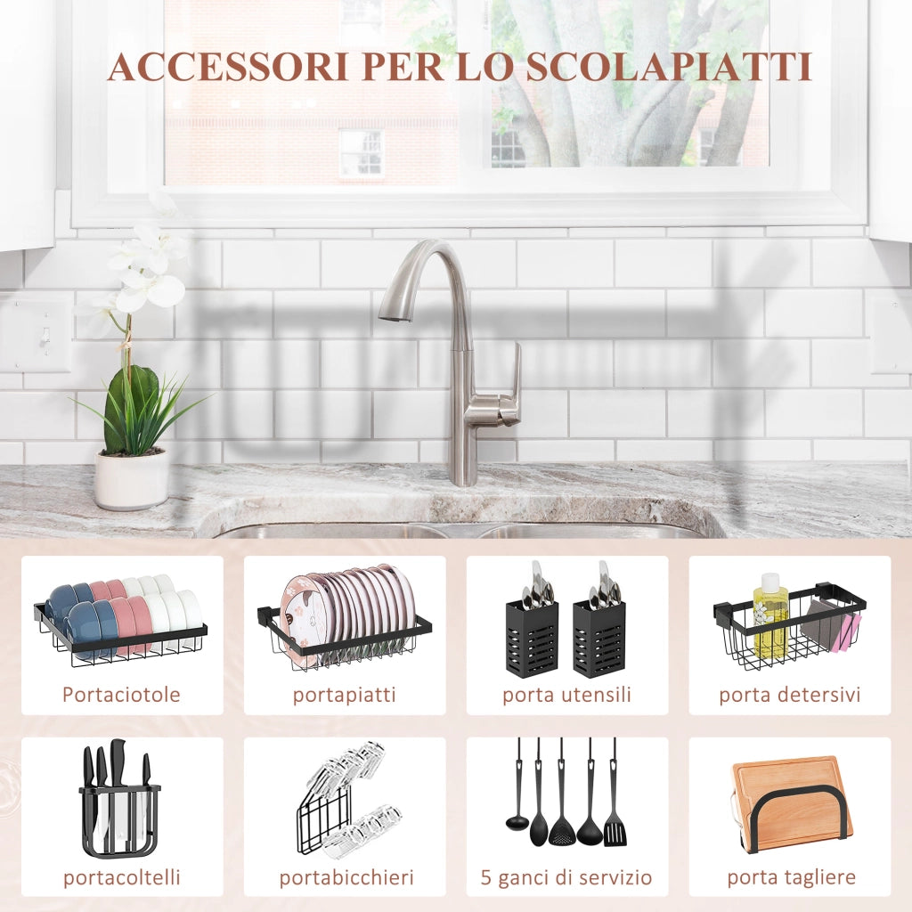 Scolapiatti da Lavello Modulabile a 2 Livelli con Piedini Antiscivolo 65x31,5x52,5 cm in Acciaio Nero