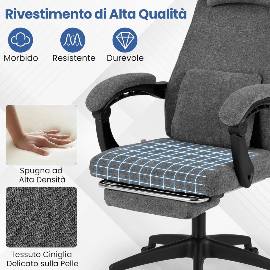 Sedia da Ufficio Reclinabile, Poltrona da Scrivania con Braccioli e Poggiapiedi Retrattile, Schienale Rogolabile, Poltrona Esecutiva Ergonomica con Cuscini per Collo e Lombari, Grigio