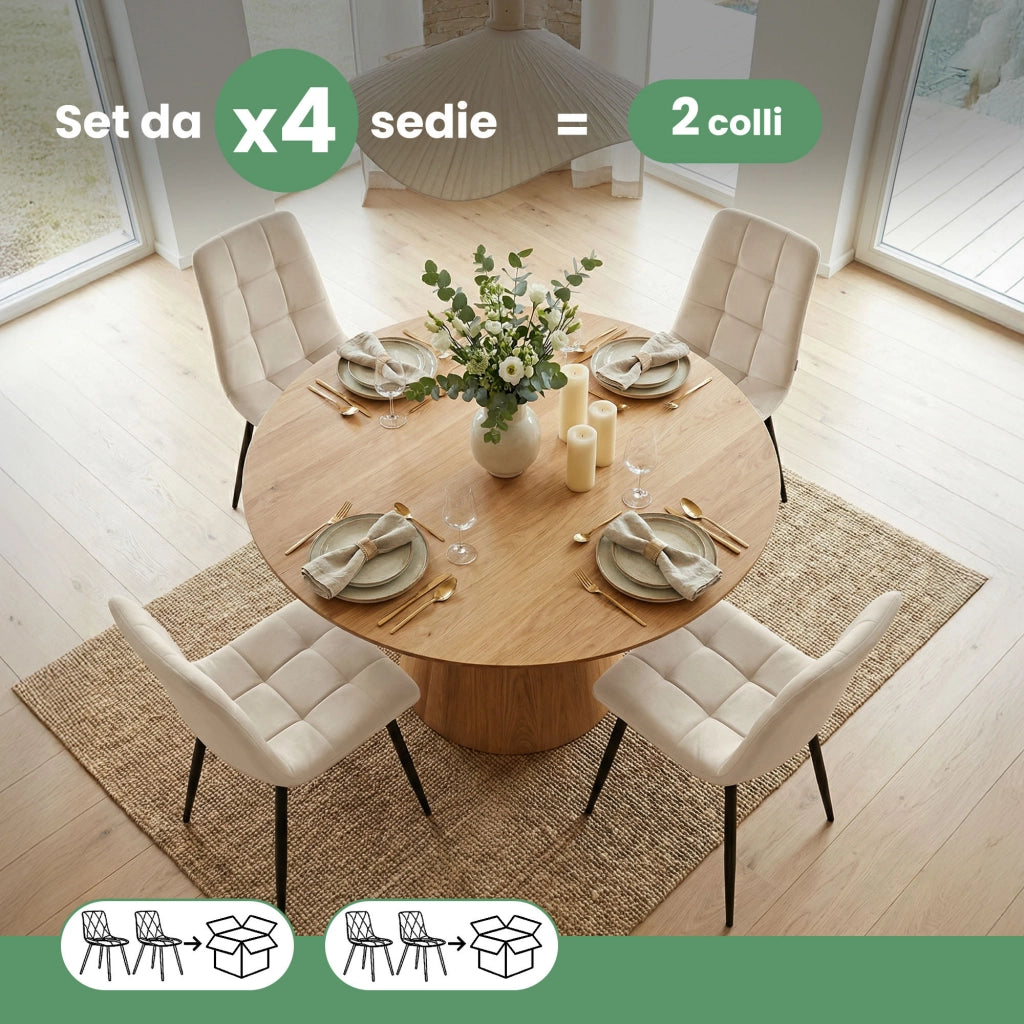Set di 4 Sedie in velluto trapuntate NERO Beige gambe nere