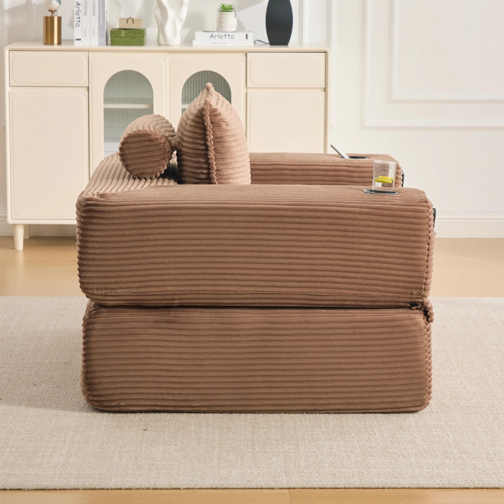 Divano letto modulare in velluto a coste con schiuma 30D, molle, tasche laterali e portabicchieri marrone