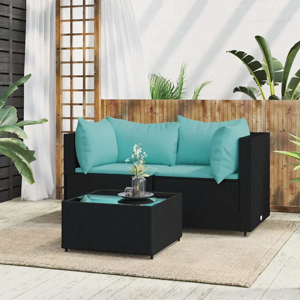 Set Divani da Giardino 3 pz | Set Salotto da Giardino con Cuscini Nero in Polyrattan