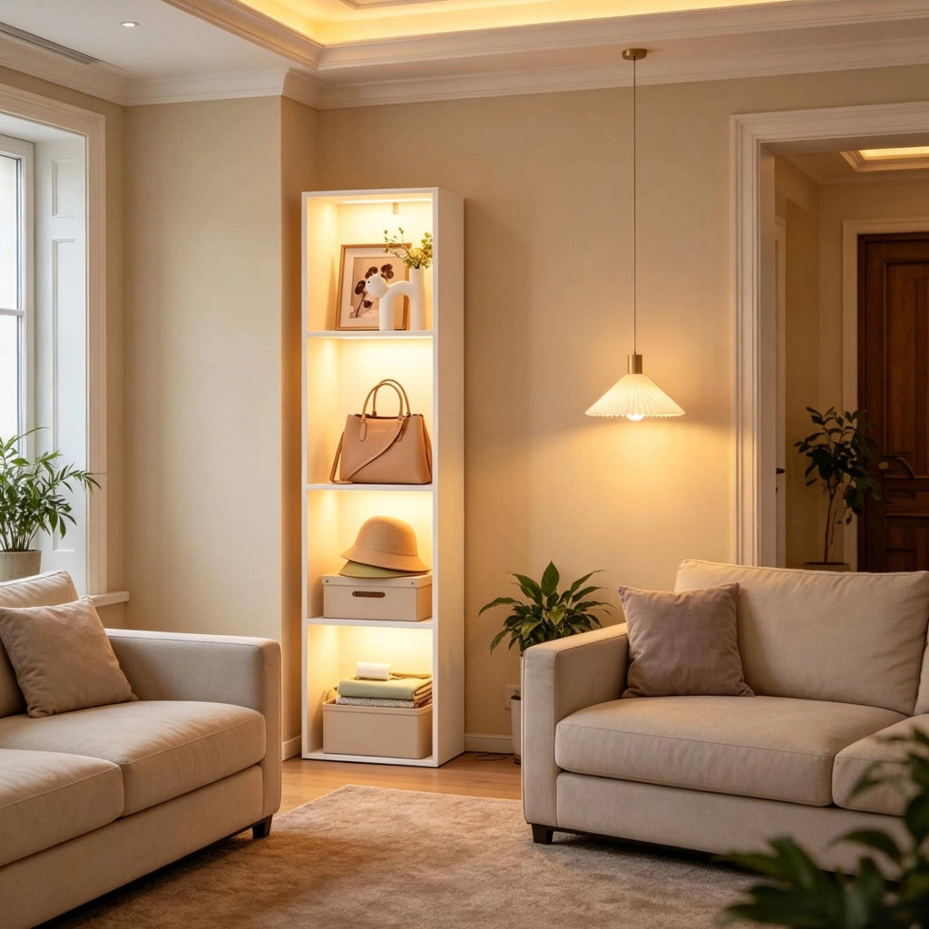 Libreria verticale bianca 40x29x170 cm con illuminazione RGB， 4 scomparti