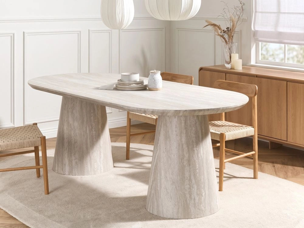 Tavolo da pranzo in MDF in stile scandinavo forma ovale gambe larghe a colonna 220x95 cm per sala da pranzo effetto travertino