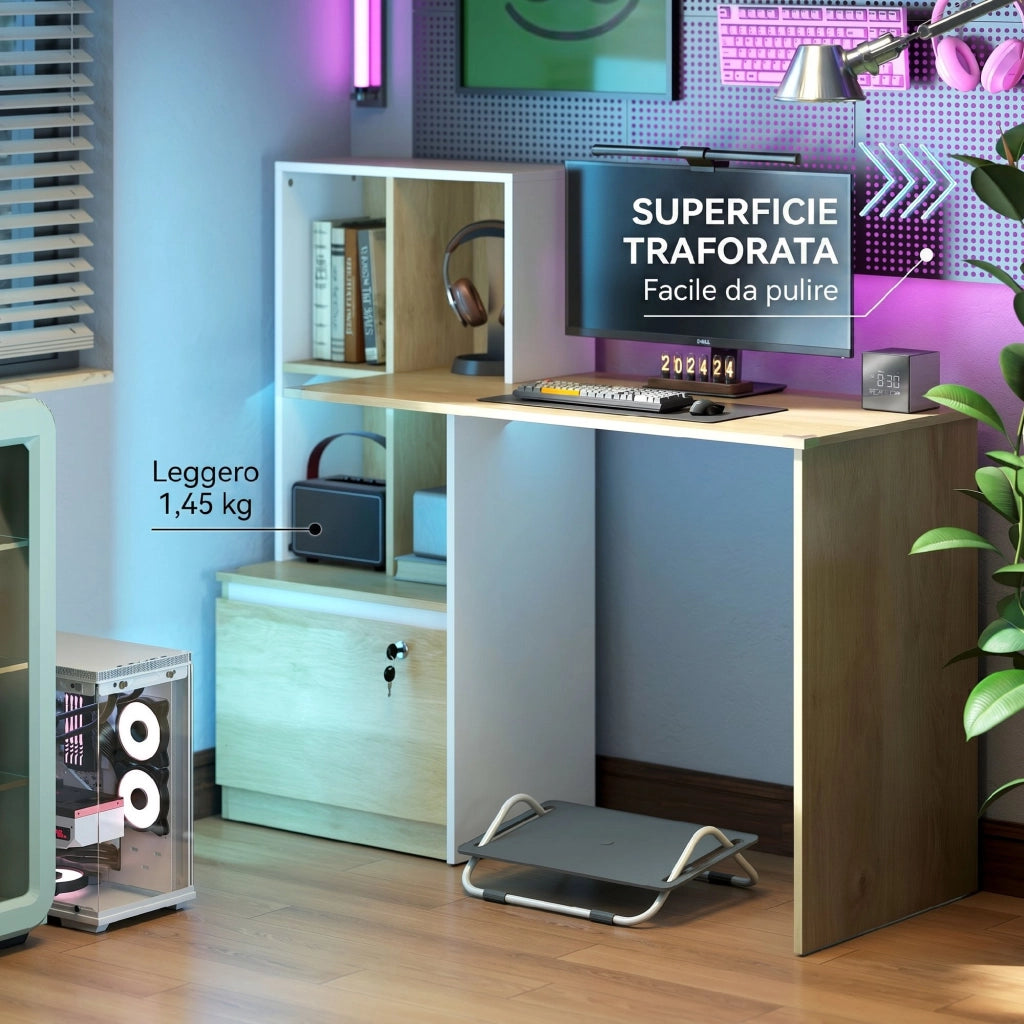 Scrivania con Libreria 126x50x109 cm Cassetto A4 Serratura e 2 Chiavi Bianco e Rovere