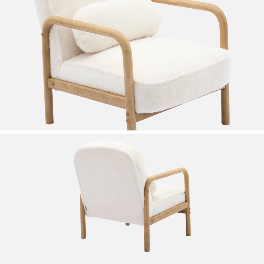 Poltrona scandinava arrotondata in legno di hevea, crema