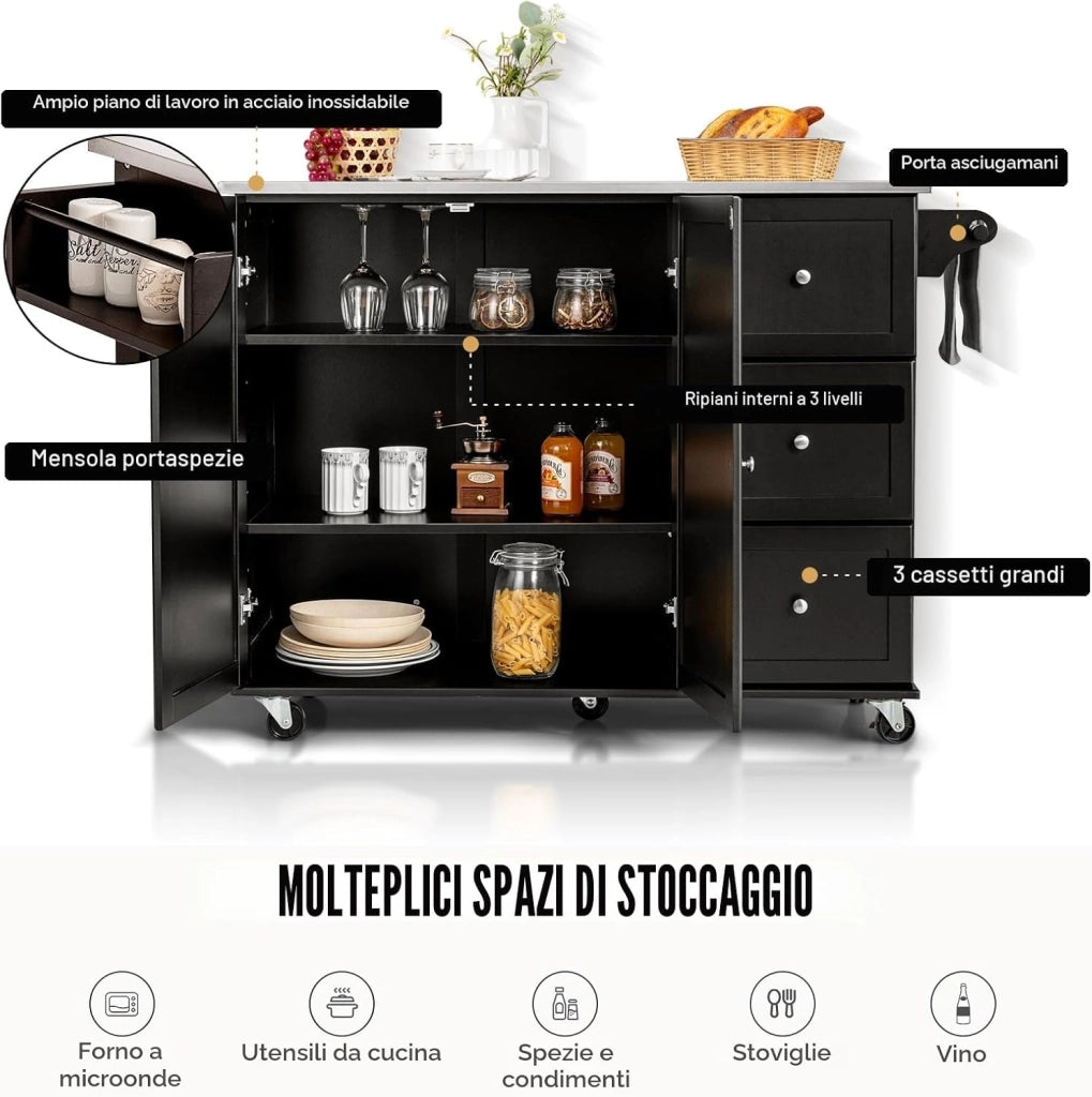 Isola da Cucina Mobile con Piano di Lavoro in Acciaio Inox, Carrello da Cucina con 3 Cassetti & Porta Asciugamani & Ripiano Regolabile, Armadio da Cucina su Ruote, Carrello da Cucina 135 x