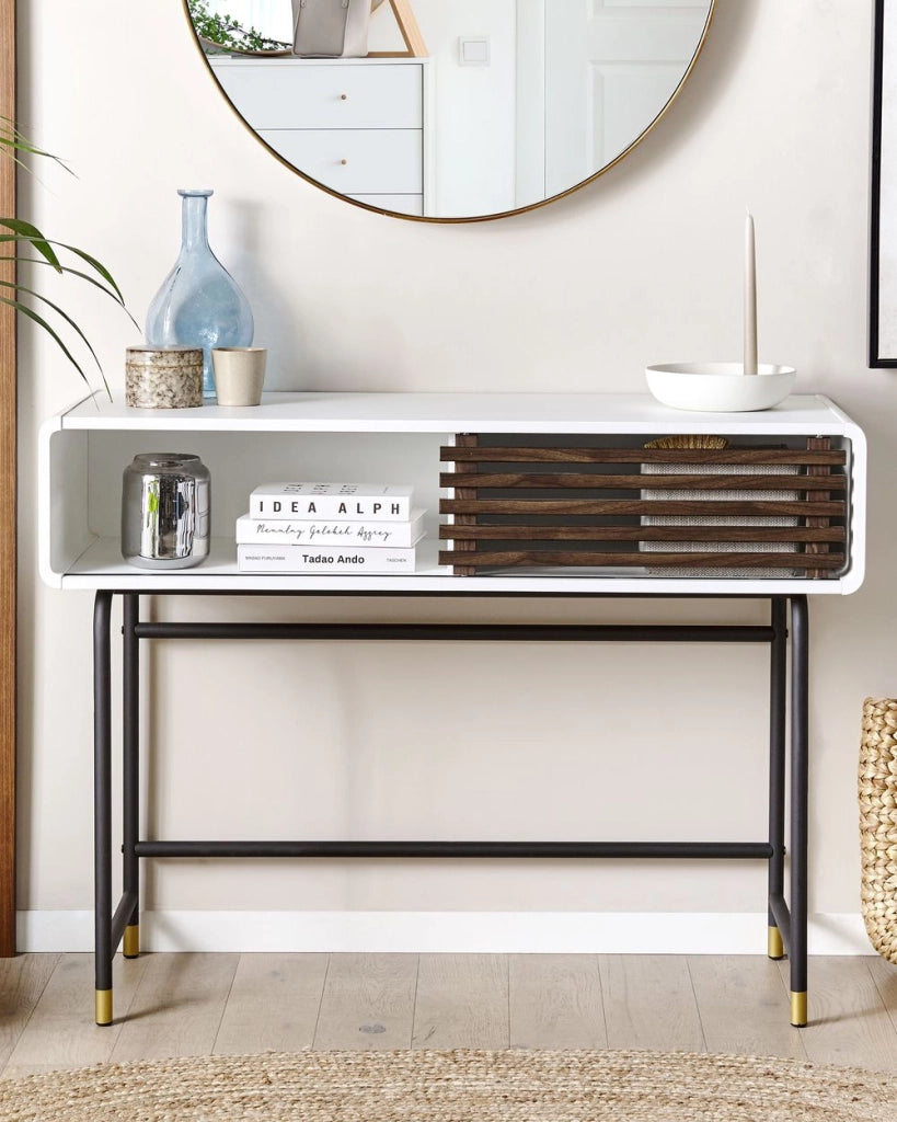 Tavolo consolle bianco con sportello scorrevole a lamelle in legno scuro stile rustico soggiorno ingresso camera da letto