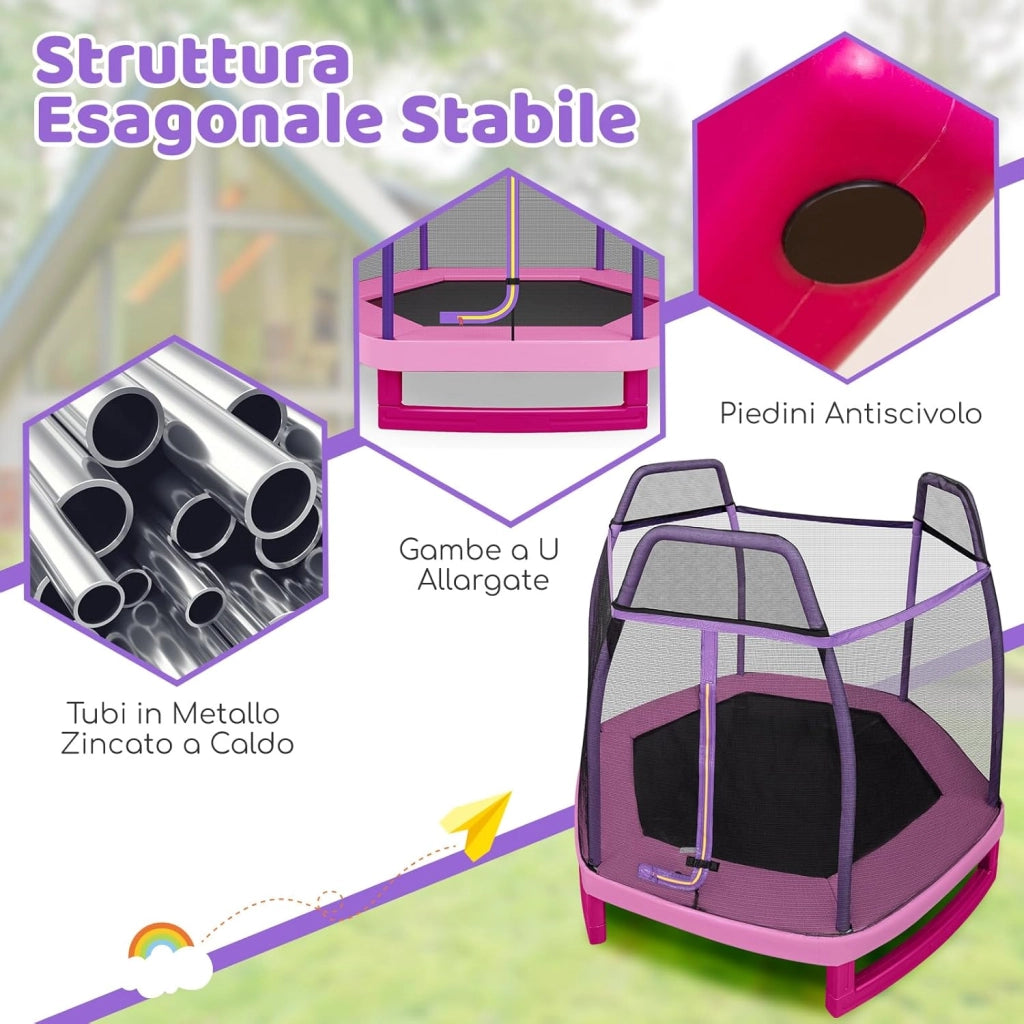 Trampolino Elastico per Bambini 223 cm, Tappeto Elastico per Bambini da Esterno ed Interno con Rete e Cuscinetto a Molle, Portata150 kg, Adatto ai Bambini 3+ Anni