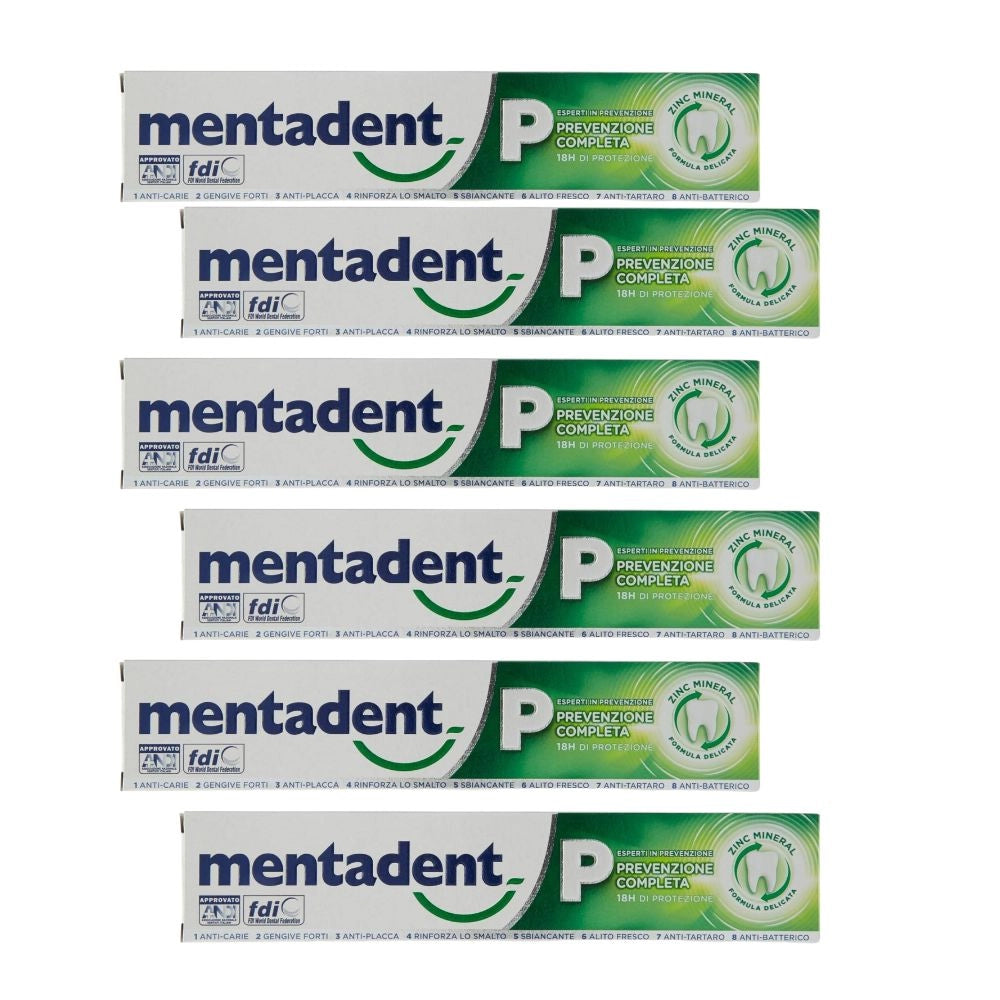 Dentifricio mentadent p prevenzione completa pezzi 6 verde tubo 75 millilitri