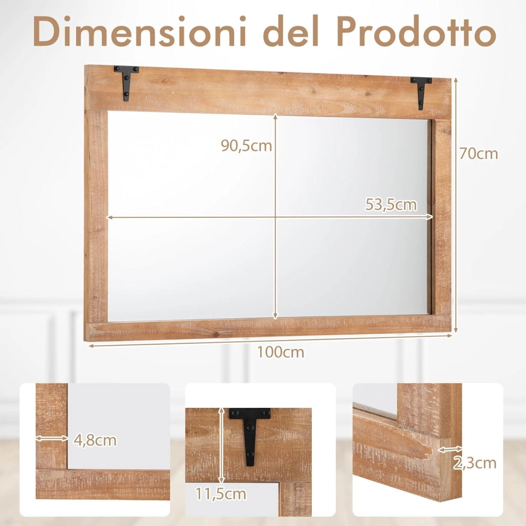 Specchio da Parete Stile Fattoria, 100 x 70 cm Specchio Decorativo Rettangolare da Parete con Cornice in Legno, per Bagno Soggiorno Camera da Letto, Verticalmente o Orizzontalmente