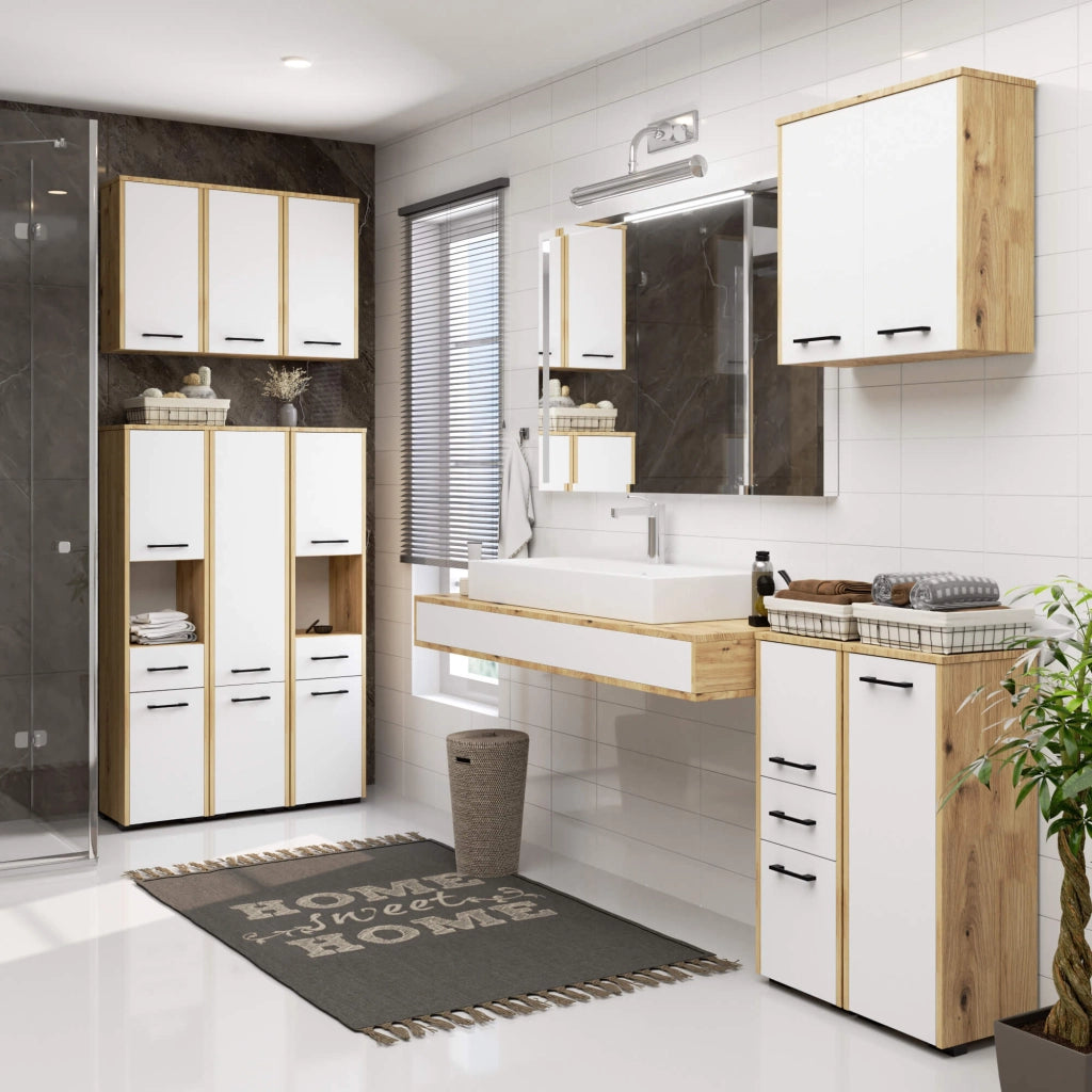Colonna da bagno AKORD FIN Quercia Artisan 30 cm 2 ante inserto frontale Bianco 30x30x140 cm