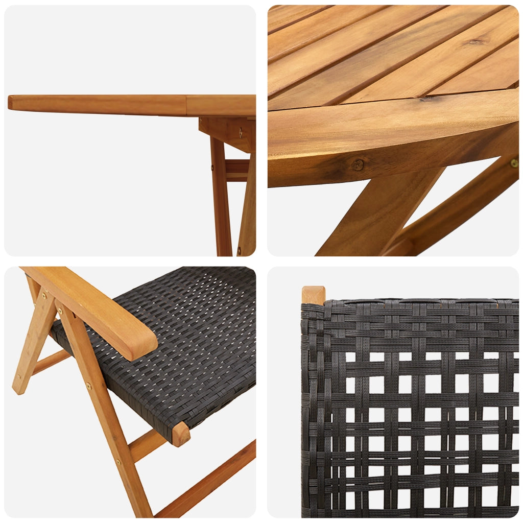 Set da Pranzo da Giardino da 7 Pezzi in Nero Legno Massello di Acacia e Polyrattan