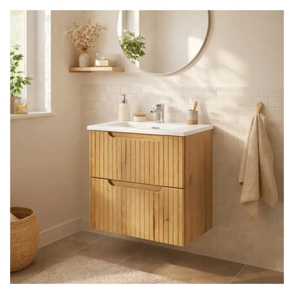 Set da bagno sospeso VANO in rovere chiaro 50cm: mobile sottolavabo con cassetti e frontale scanalato + lavabo incassato