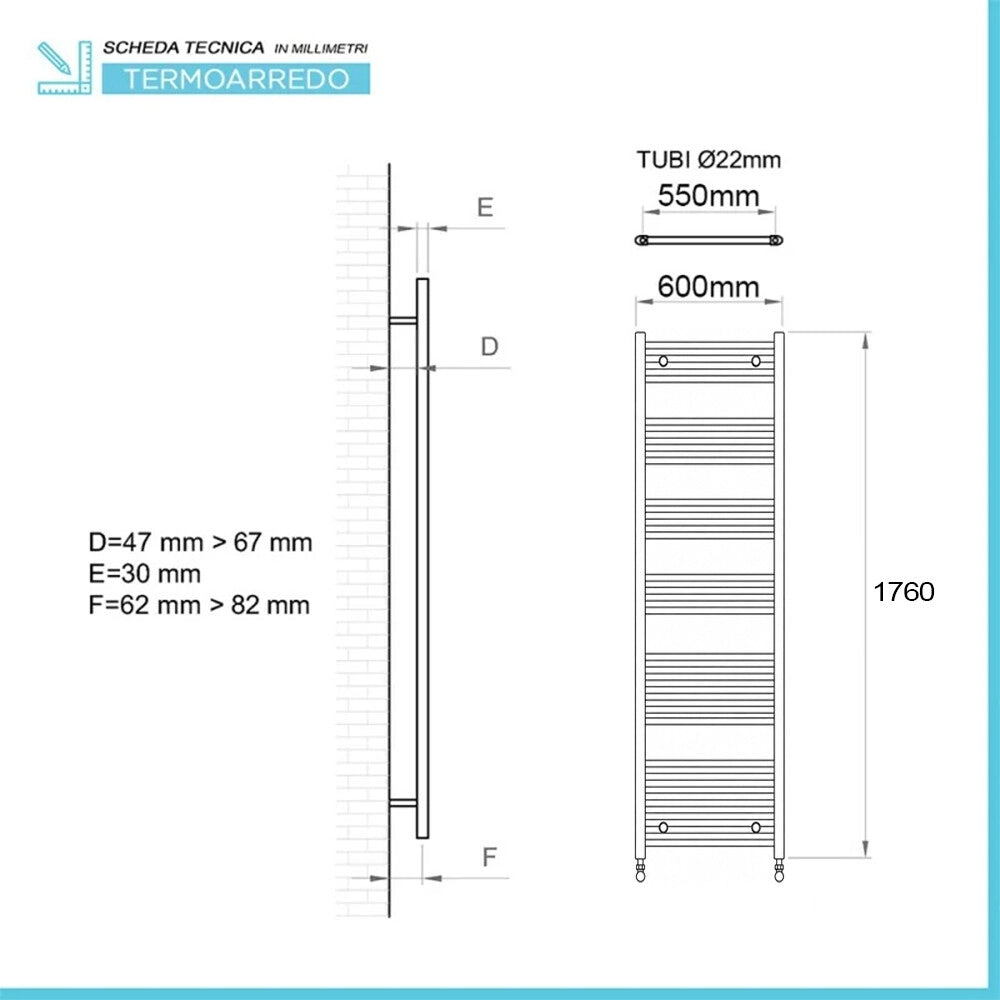 Termoarredo design nero opaco L 60x170 interasse 55 cm con Kit valvole